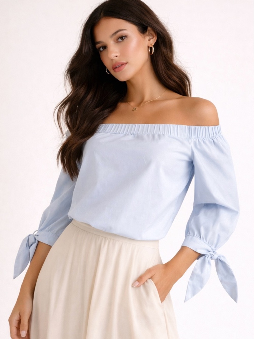 Holt Renfrew Light Ice Blue Off-Shoulder Tie Sleeve Blouse Sz M